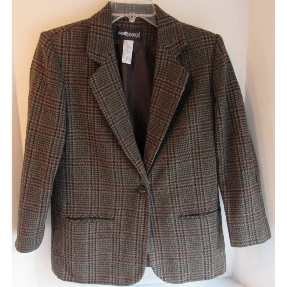 Vtg Sag Harbor Petite Blazer/Jacket Tweed Herringbone Gray/Burgundy/Blue Size 4